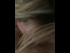 Cum Slut wife hotel room, blonde highlights, red nails nice dick suck, cum swallow…