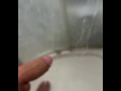 Muscular man play with his pink head penis and feet under shower xXx