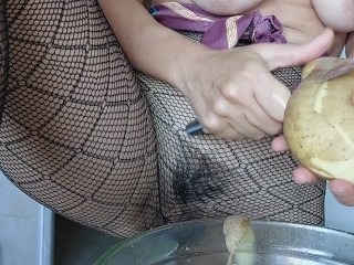 Sensual Amateur Mom in the Kitchen, Hairy Pussy, Big Lips, Big Tits and Big Ass