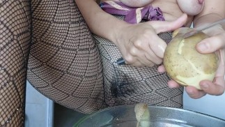 Sensual amateur mom in the kitchen, hairy pussy, big lips, big tits and big ass