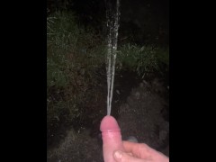 peeing outside with a hard uncut penis
