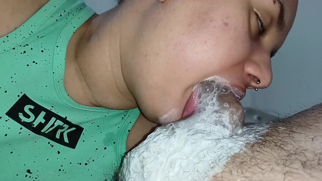 deep throat, swallowing the hard cock until the stalk, fucking until the cuckold cums a lot