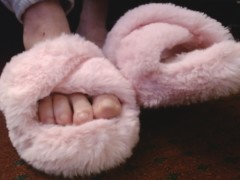 Soft Fuzzy Pink Criss-Cross Slippers Slides Closeup No Toe Polish