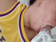 the bitch's tongue dancing from one side to the other on the hard dick, until she feels a lot of cum