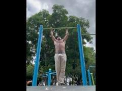 No shirt on the park