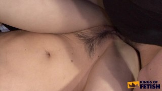 Busty Japanese gets her hairy pussy and ass boned by two guys outdoor