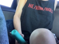 Needy trans boy uses a wand to get off in the car