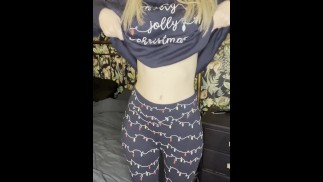 Girl next door with big fake boobs does titty drop in cute Christmas PJs