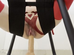 Trying a new cumming dildo on a fucking chair alone at home get my hairy pussy creamy until orgasm