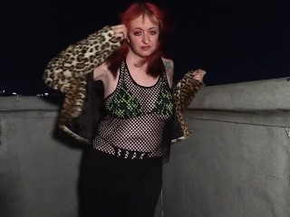 Goth Girl Models on Rooftop at Night in Bikini