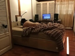 Young Student fucking w the pillow while watching porn