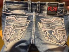 I ejaculate  on a pair of sexy Rock Revival jeans ass pocket designs