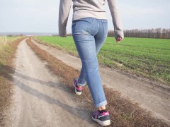 Milf With Phat Ass Walking Outdoors In Loose Jeans