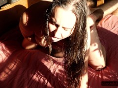 Brunette MILF Orgasms Facesitting Hairy Man, Face to Camera