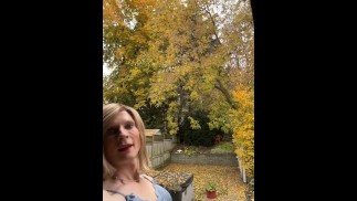 Trans MILF stroking big cock in public with big dildo fucking her ass