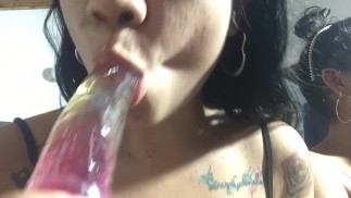 Hot girls suck dildo and make video