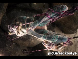 Tattoo Girls Shibari Suspension on Public Beach in Thailand - Bondage BDSM