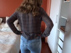 Very hot stepmom puts on jeans without panties to go to work