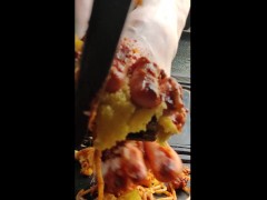 Pedal pumping your Dinner & dessert  - spaghetti and lemon cake. Under my big arched soles