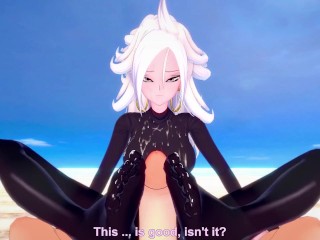Android 21 из Dragonball Z дает вам футджоб на пляже, хентай от первого лица