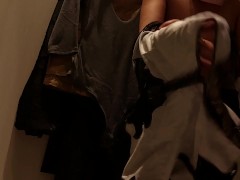Sexy milf tries on clothes naked in the fitting room. Brunette pussy hair, big tits, big ass