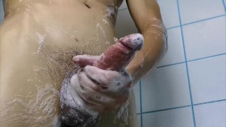 big horny cock closeup in foam while stepmom masturbates in the kitchen