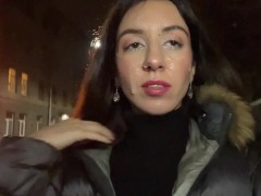 Ruined Makeup Cum on Face - Public Cumwalk on Street Fur Coat