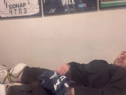 Amateur cum in full Hockey gear after training