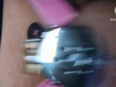 Sissy clitty leaking in its flat chastity cage from bareback anal pleasure