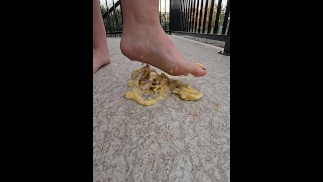Erotically crushing a banana with my cute bare feet outside
