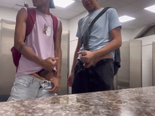 Morbid in the university bathroom with a boy with a huge cock