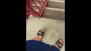 Walking Thru Hotel bottomless and jerking off in stairwell