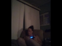Beautiful girl playing video games in her nightgown getting horny and thinking about dick