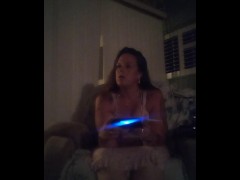 Thick white girl gets horny while playing video games and her panties get wet