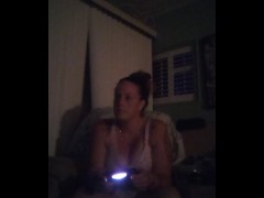 Filming my big tit girlfriend while she is horny playing video games with her long brunette hair