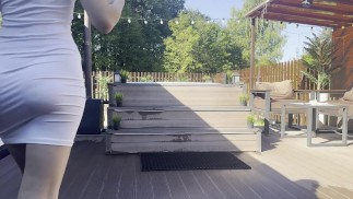 outdoor stretching in white dress