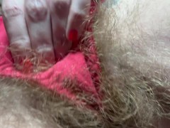 Hairy pussy tease in red panties super big bush amateur