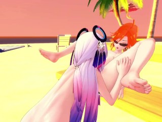 3D Mavuika and Sitlali Play with each Other's Pussies on the Beach and Fuck in a Scissor Position