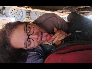Stepdaughter Warms me up under Truck with a Blowjob until her Mouth is Full of Cum