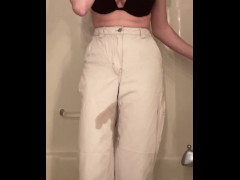 Teen girl desperately pisses her white jeans