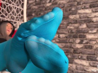 Mistress Foot Teasing you in Hanging Chair in White Dirty Socks and Blue Tights