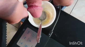 Quick yogurt, porn, and cum break before going back to work
