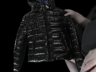 Big Cumshot on my Girlfriend's Luxurious Black 'r' Super Soft Shiny down Jacket !!