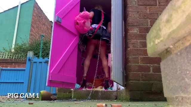 incelZERO pig lives outside in goddesses garden pissing in outdoor pig toilet angel Scarlett black
