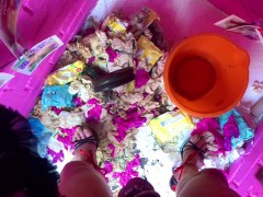 pig slays its 4kg ball weights training on in its outdoor garden toilet angel Scarlett black.