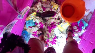 pig slays its 4kg ball weights training on in its outdoor garden toilet angel Scarlett black.