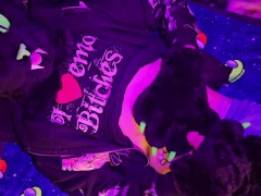 Kitty pets and plays with his bulge