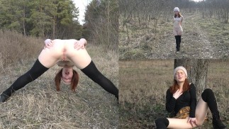 Petite Exhibitionistic Slut Gets Caught Masturbating By Stranger In Forest
