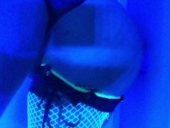 Plus size trans woman sucks and fucks 2 dildos in blacklight