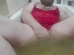 Femboy Little Sissy Submissive Slut Plays in New Sexy Red Romper Bath HD POV Solo Male Sex Toys 2